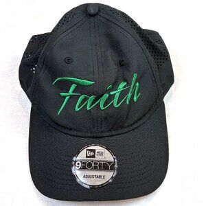 New Era 9FORTY black adjustable trucker hat with green embroidered word "Faith"